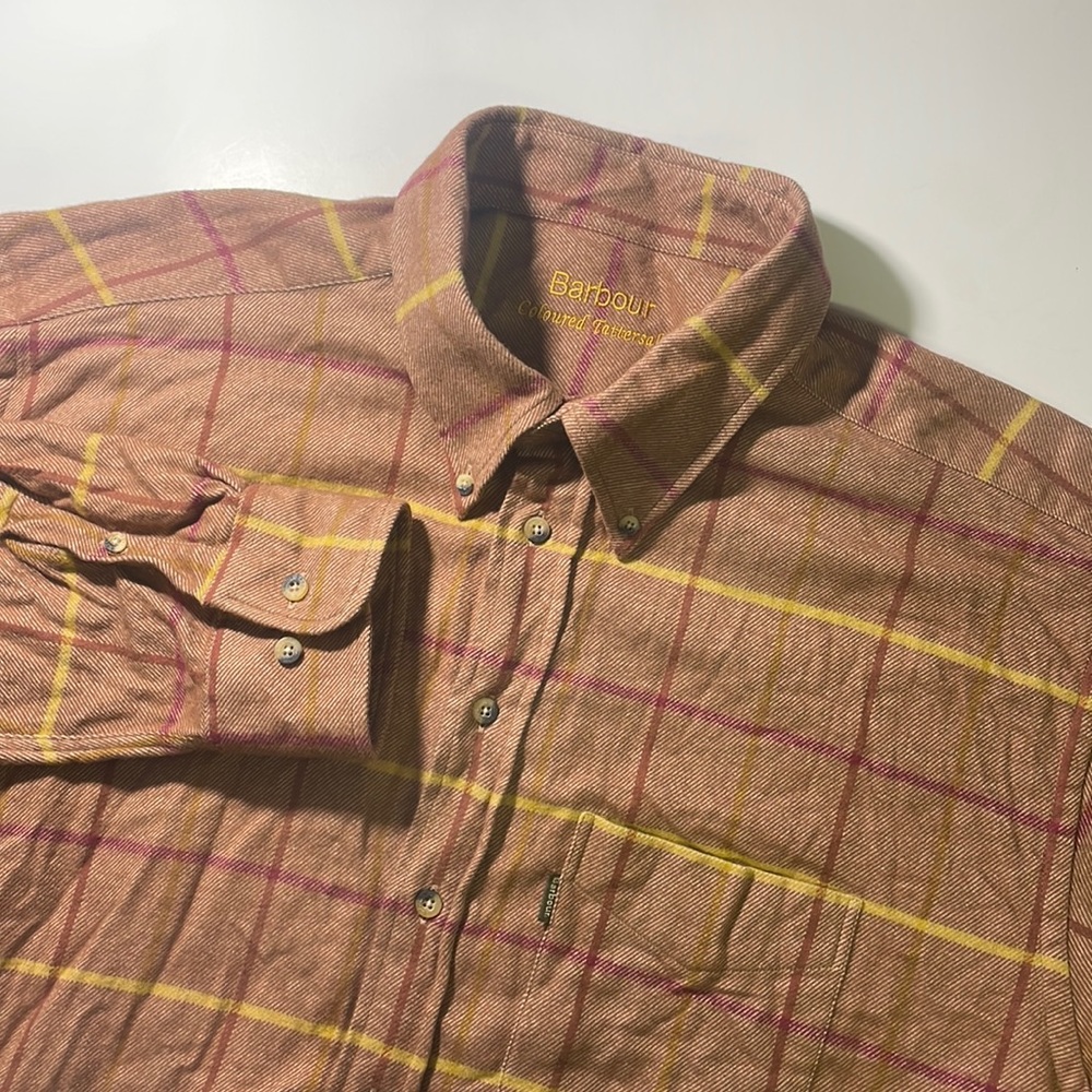 Barbour mens 2XL XXL tan tattersall plaid thick cotton flannel button up shirt